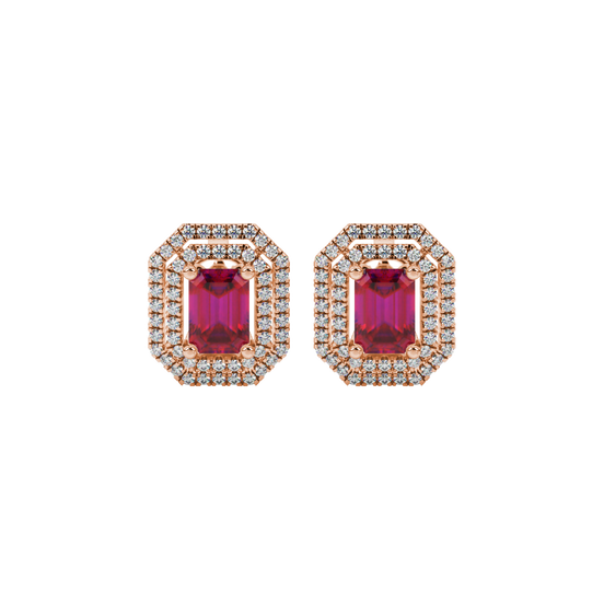 Raspberry Red emerald cut double falling edge halo gemstone stud earrings in Rose Gold