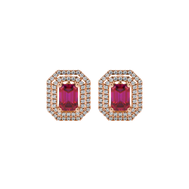 Emerald Cut Falling Edge Halo Gemstone Stud Earrings