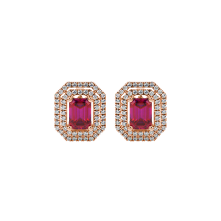Emerald cut red gemstone double halo stud earrings with octagonal diamond halo in gold