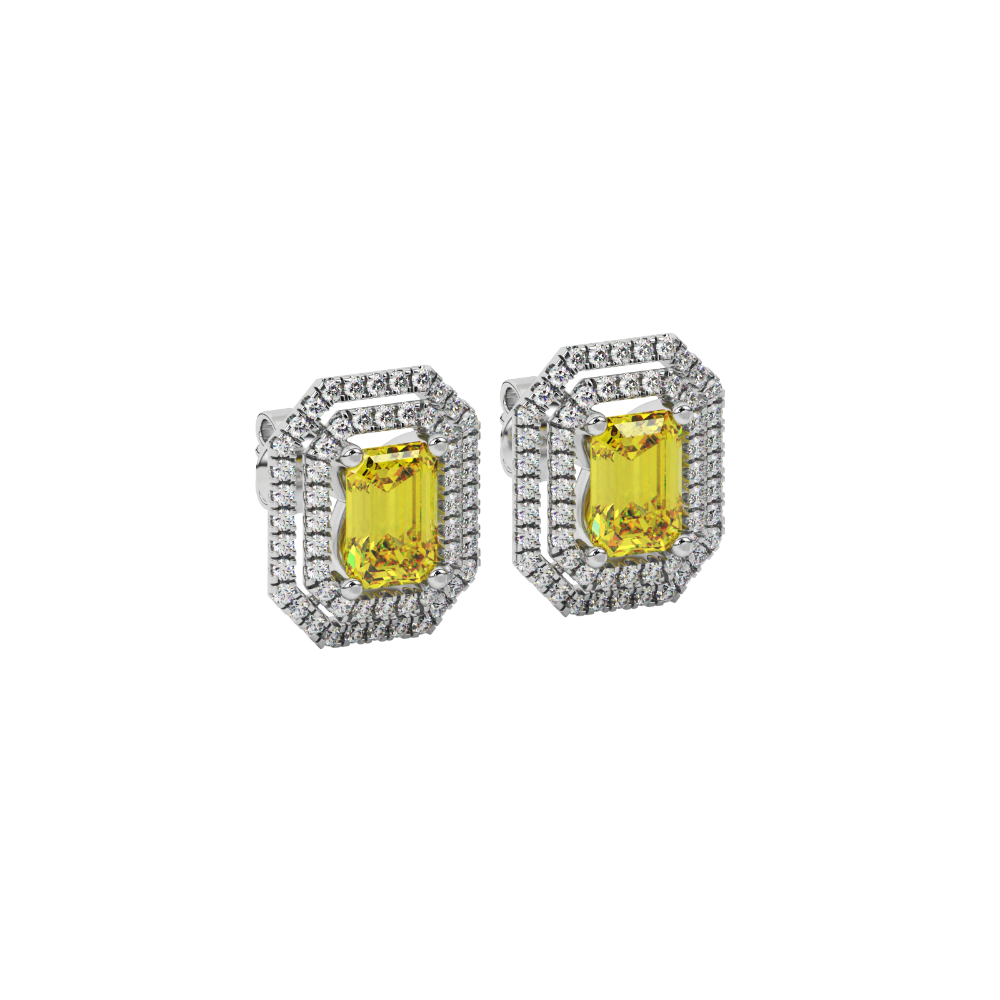Emerald cut yellow gemstone double halo stud earrings with octagonal diamond halo in gold