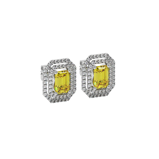 Canary Yellow emerald cut double falling edge halo gemstone stud earrings in White Gold