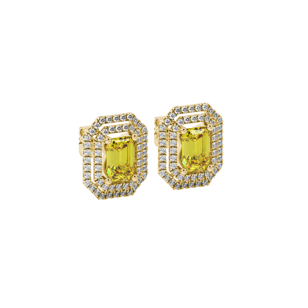 Emerald cut yellow gemstone double halo stud earrings with octagonal diamond halo in gold