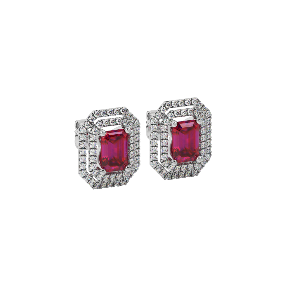 Emerald cut red gemstone double halo stud earrings with octagonal diamond halo in gold