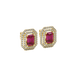 Emerald cut red gemstone double halo stud earrings with octagonal diamond halo in gold