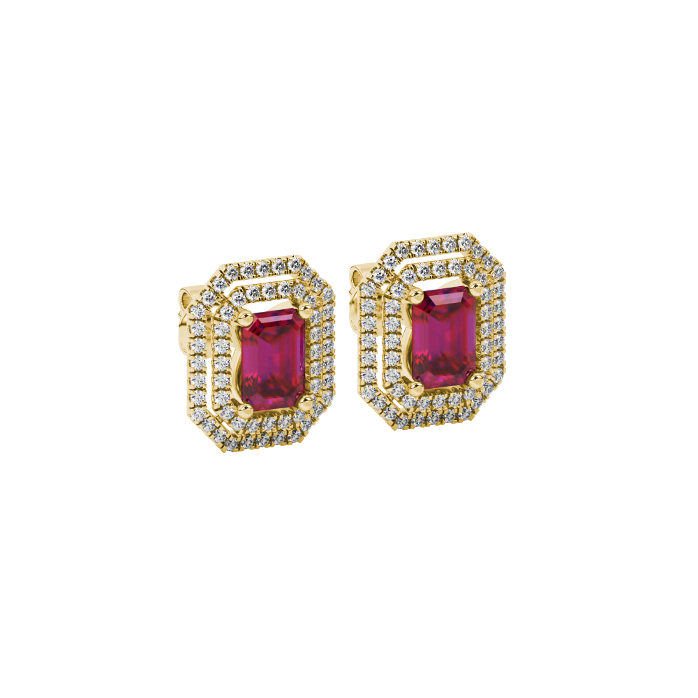 Emerald cut red gemstone double halo stud earrings with octagonal diamond halo in gold