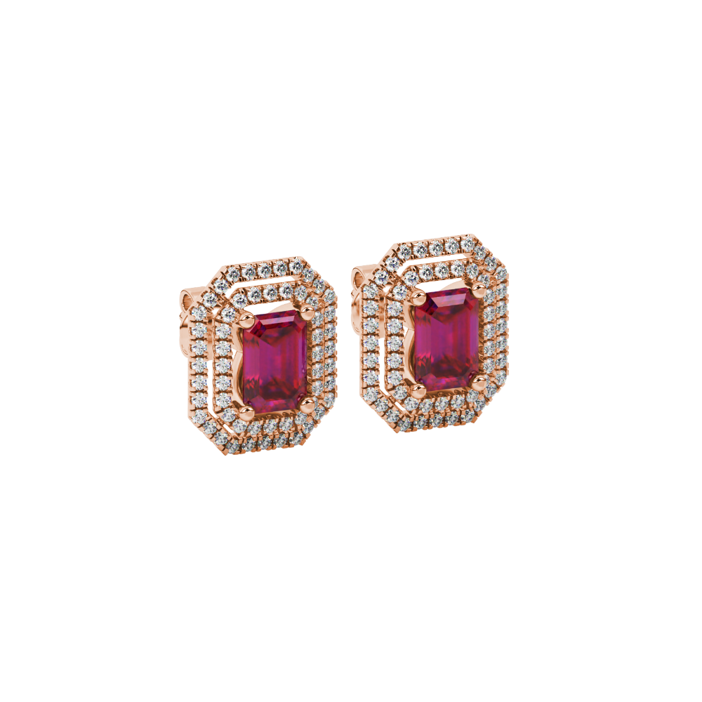 Emerald cut red gemstone double halo stud earrings with octagonal diamond halo in gold