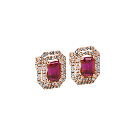 Raspberry Red emerald cut double falling edge halo gemstone stud earrings in Rose Gold