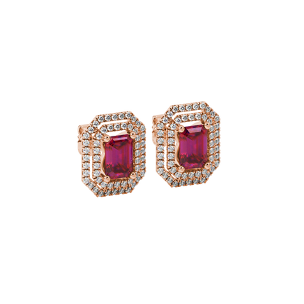 Emerald cut red gemstone double halo stud earrings with octagonal diamond halo in gold