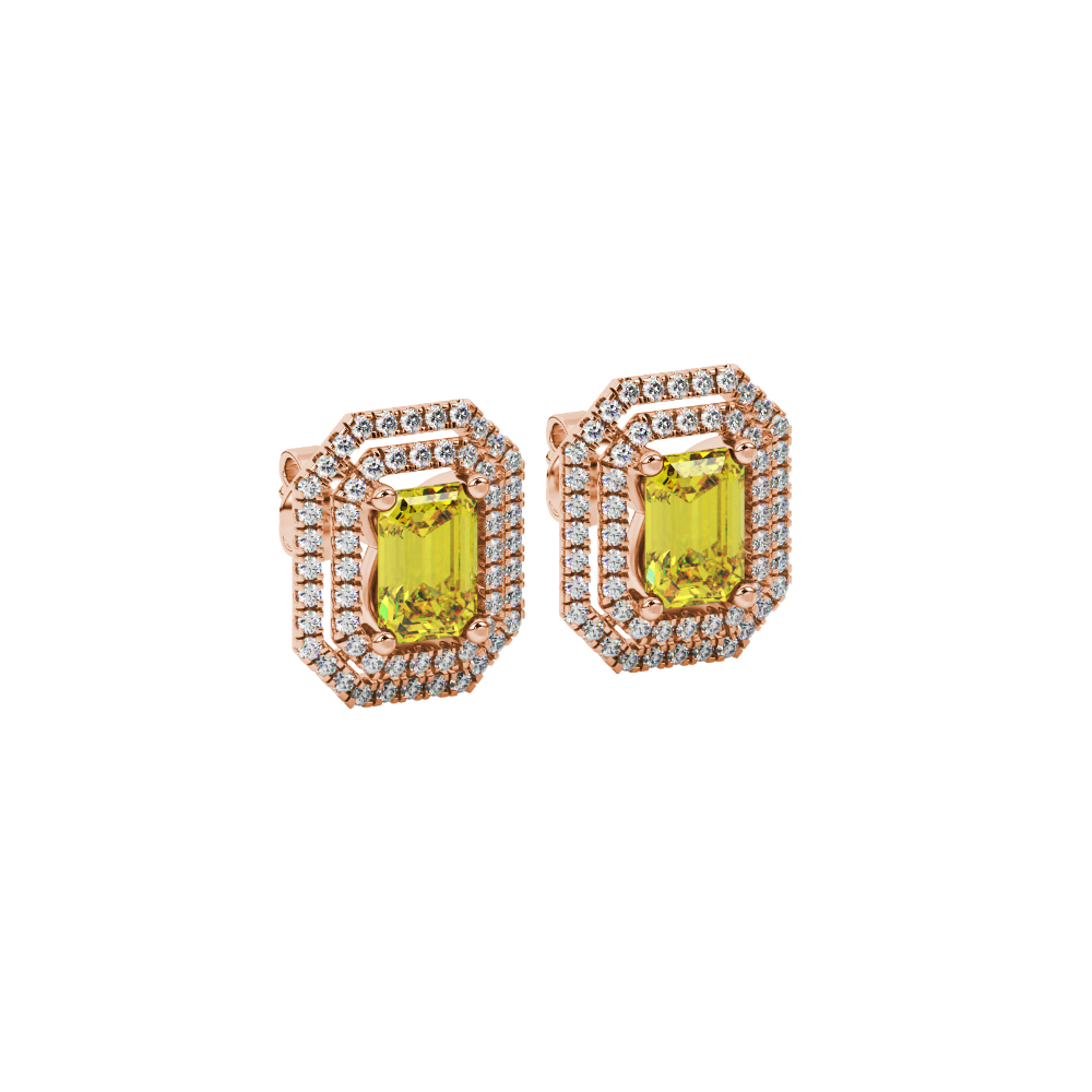 Emerald cut yellow gemstone double halo stud earrings with octagonal diamond halo in gold