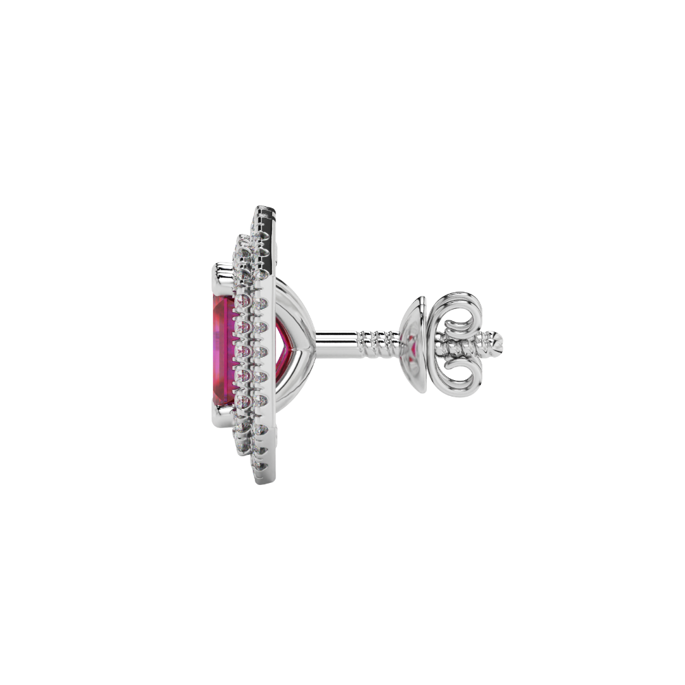 Emerald cut red gemstone double halo stud earrings with octagonal diamond halo in gold