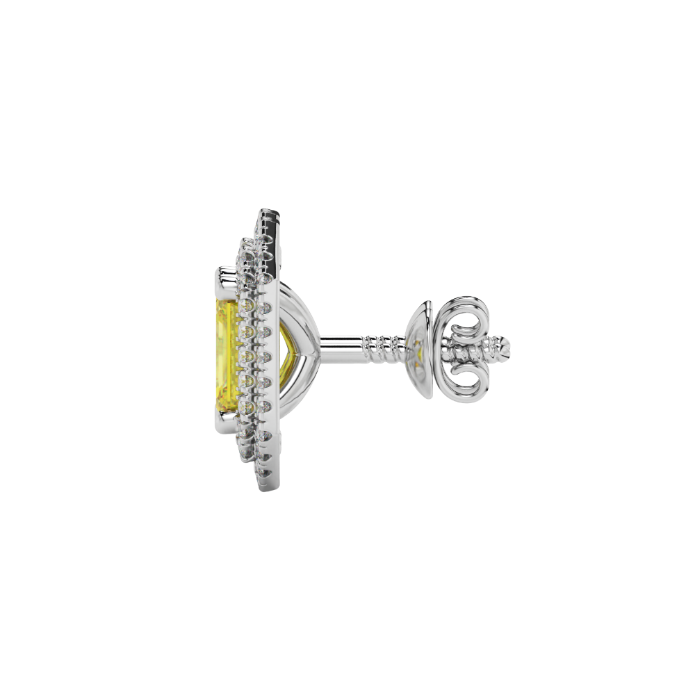 Emerald cut yellow gemstone double halo stud earrings with octagonal diamond halo in gold