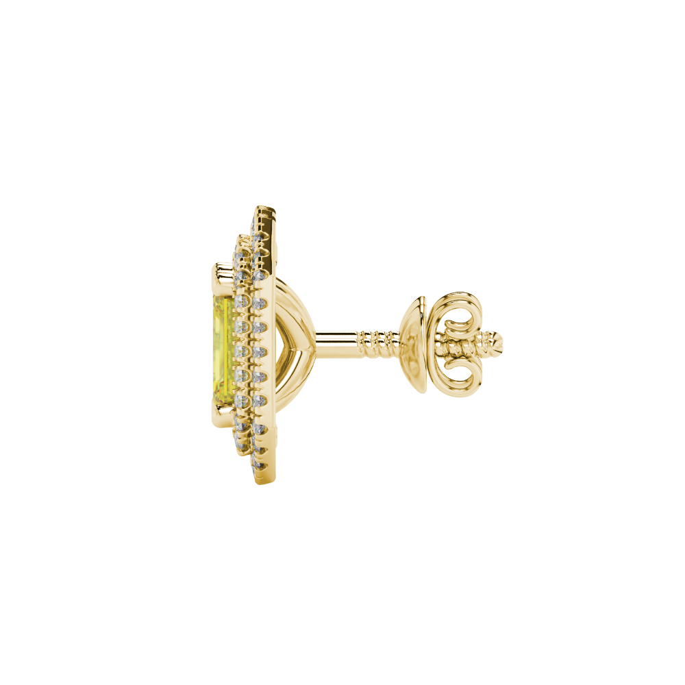 Emerald cut yellow gemstone double halo stud earrings with octagonal diamond halo in gold