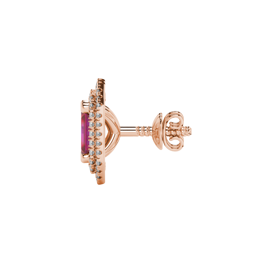 Emerald cut red gemstone double halo stud earrings with octagonal diamond halo in gold