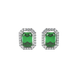 Emerald cut green gemstone halo stud earrings with round diamond accents