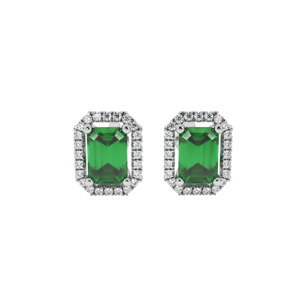 Emerald cut green gemstone halo stud earrings with round diamond accents