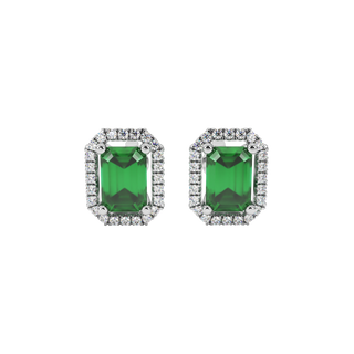 Emerald Green emerald cut french pavé halo gemstone stud earrings in White Gold