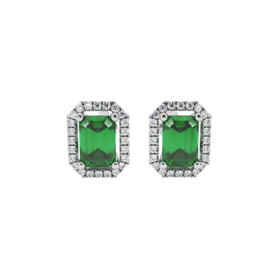 Emerald Green emerald cut french pavé halo gemstone stud earrings in White Gold