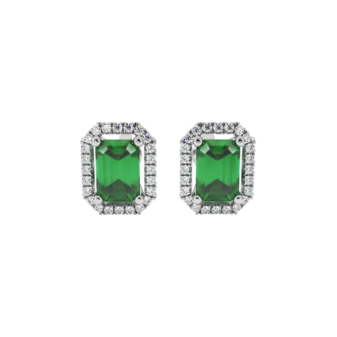 Emerald cut green gemstone halo stud earrings with round diamond accents