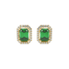Emerald cut green gemstone halo stud earrings with round diamond accents