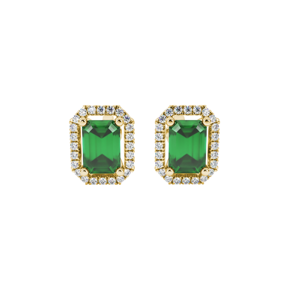 Emerald cut green gemstone halo stud earrings with round diamond accents