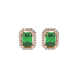 Emerald cut green gemstone halo stud earrings with round diamond accents