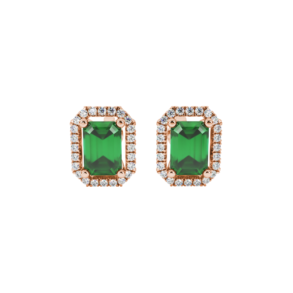 Emerald cut green gemstone halo stud earrings with round diamond accents
