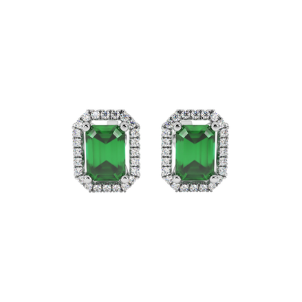 Emerald cut green gemstone halo stud earrings with round diamond accents