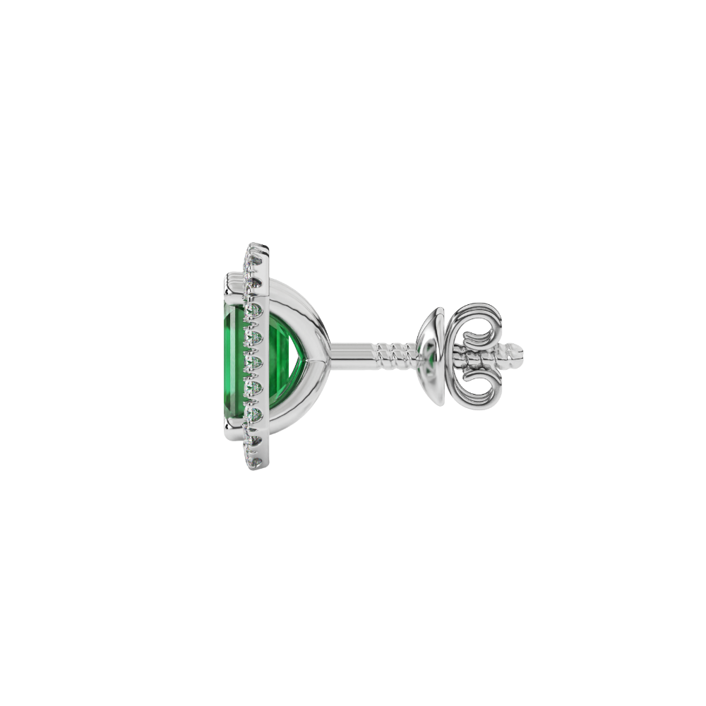 Emerald cut green gemstone halo stud earrings with round diamond accents
