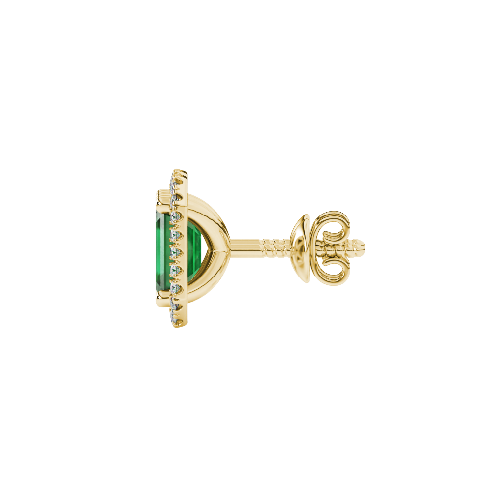 Emerald cut green gemstone halo stud earrings with round diamond accents