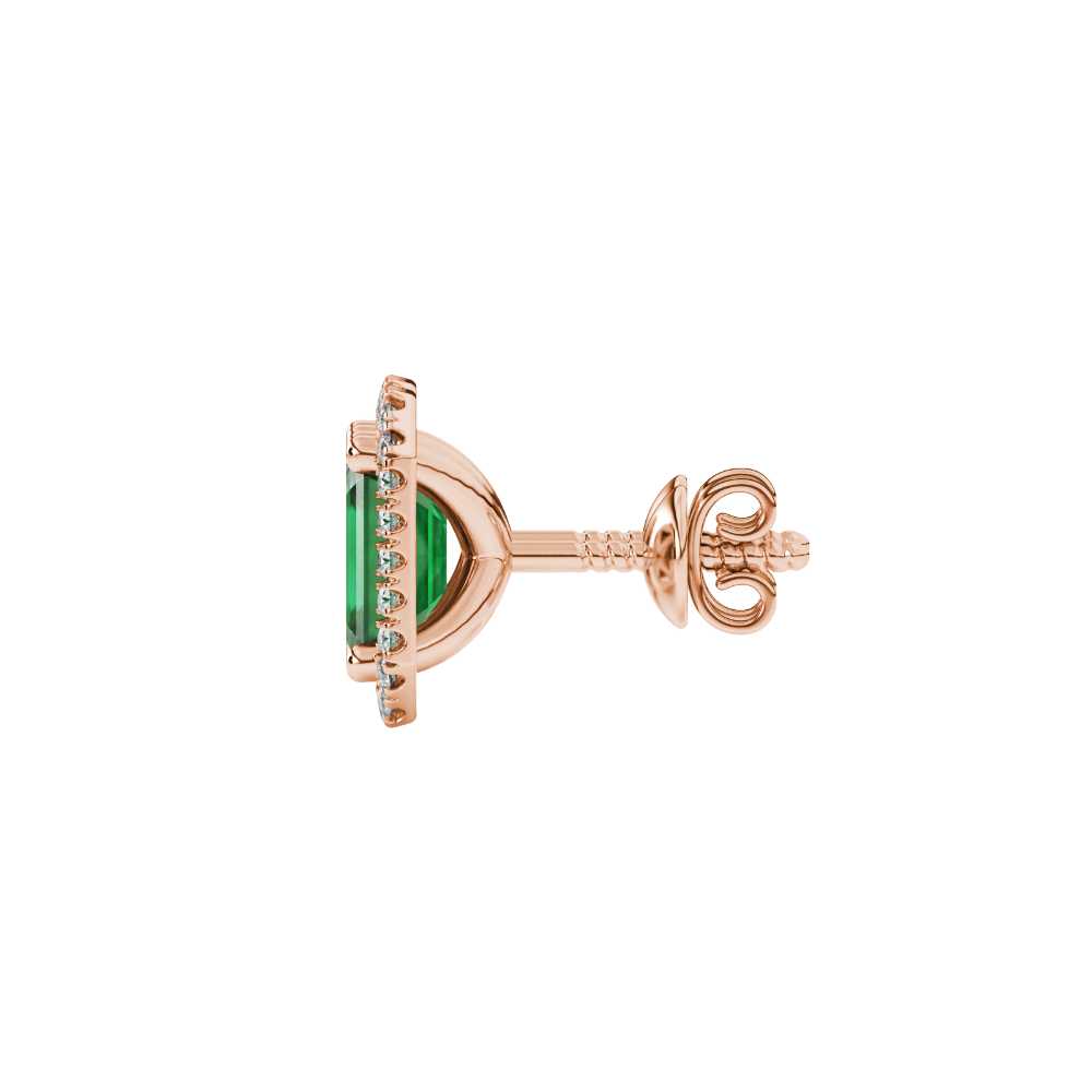 Emerald cut green gemstone halo stud earrings with round diamond accents