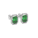 Emerald cut green gemstone halo stud earrings with round diamond accents