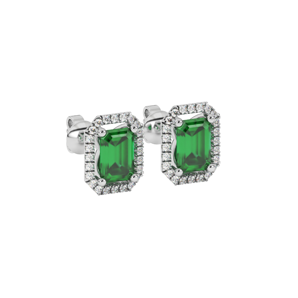 Emerald cut green gemstone halo stud earrings with round diamond accents