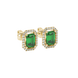 Emerald cut green gemstone halo stud earrings with round diamond accents