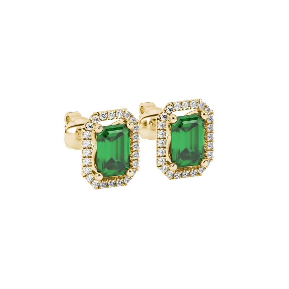 Emerald cut green gemstone halo stud earrings with round diamond accents