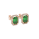 Emerald cut green gemstone halo stud earrings with round diamond accents