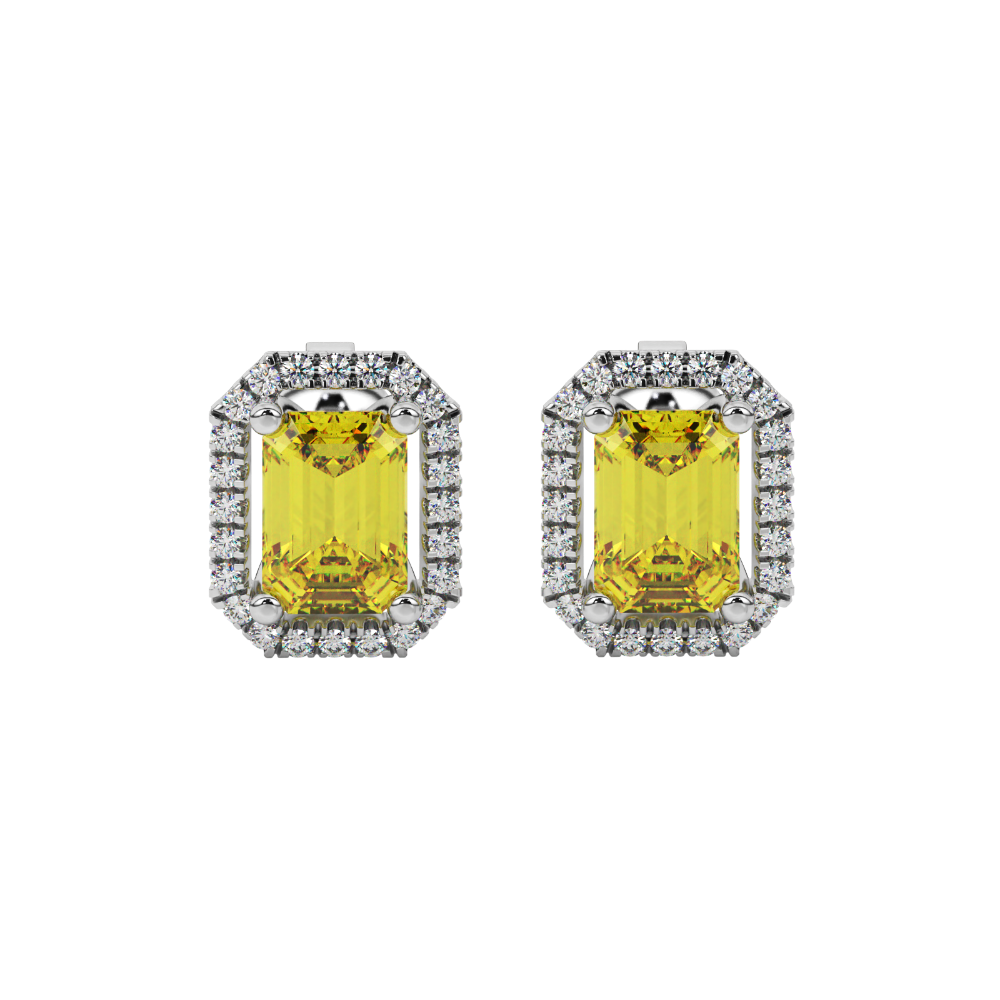 Emerald cut yellow gemstone halo stud earrings with round diamond accents