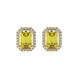 Emerald cut yellow gemstone halo stud earrings with round diamond accents