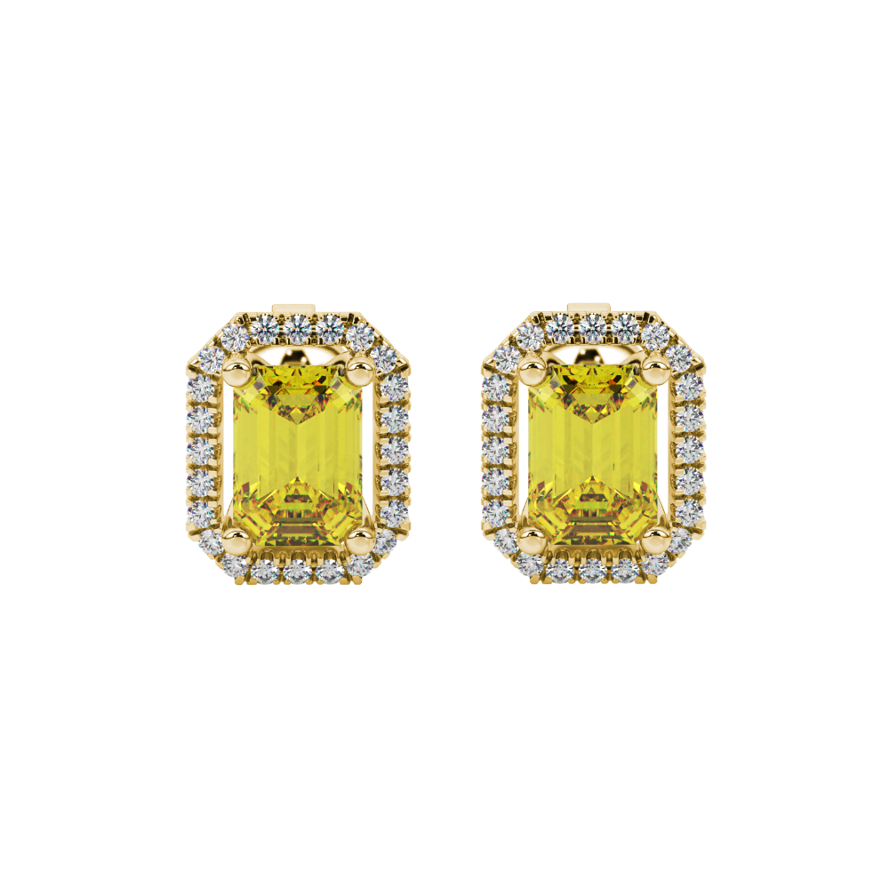 Emerald cut yellow gemstone halo stud earrings with round diamond accents