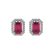 Emerald cut red gemstone halo stud earrings with round diamond accents