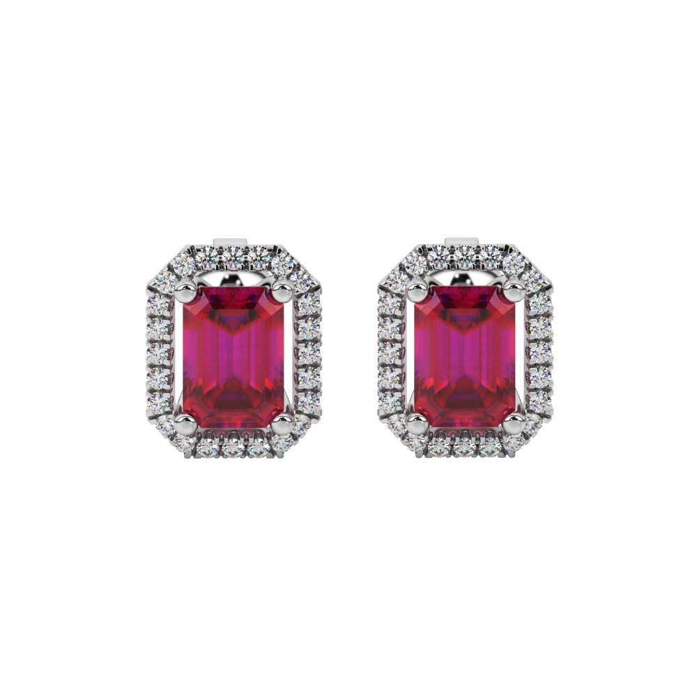 Emerald cut red gemstone halo stud earrings with round diamond accents