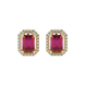 Emerald cut red gemstone halo stud earrings with round diamond accents