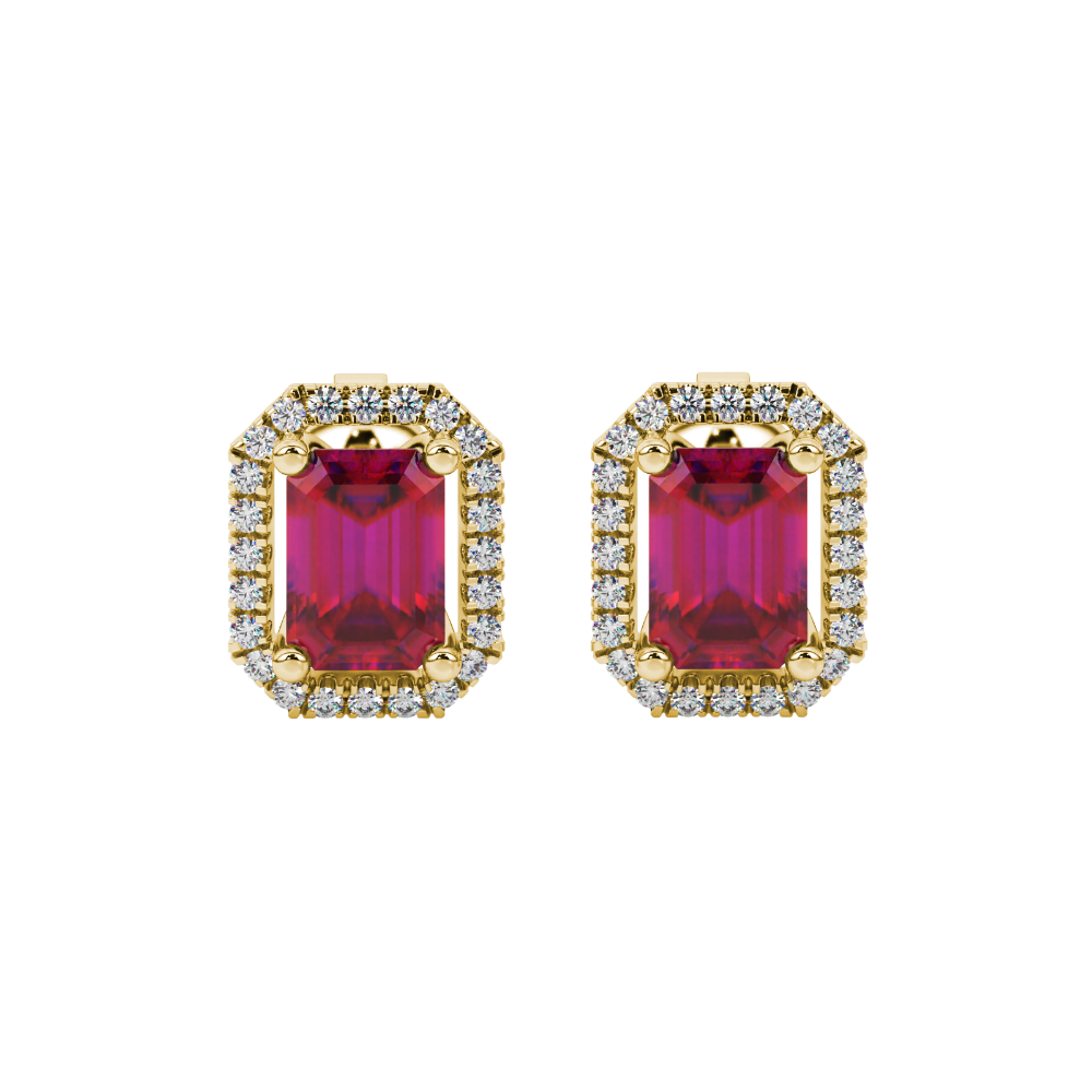 Emerald cut red gemstone halo stud earrings with round diamond accents