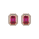 Emerald cut red gemstone halo stud earrings with round diamond accents