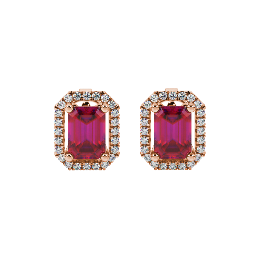 Emerald cut red gemstone halo stud earrings with round diamond accents