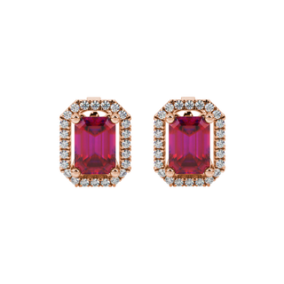 Raspberry Red emerald cut french pavé halo gemstone stud earrings in Rose Gold