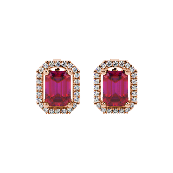 Raspberry Red emerald cut french pavé halo gemstone stud earrings in Rose Gold