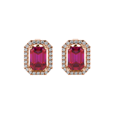 Emerald cut red gemstone halo stud earrings with round diamond accents