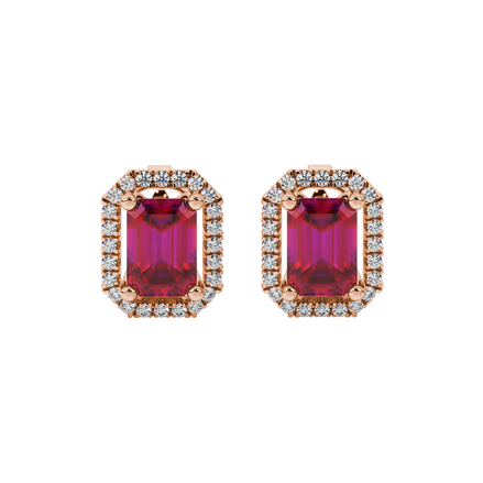 Emerald cut red gemstone halo stud earrings with round diamond accents