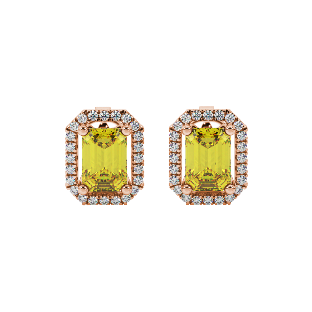 Emerald cut yellow gemstone halo stud earrings with round diamond accents