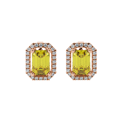 Emerald cut yellow gemstone halo stud earrings with round diamond accents